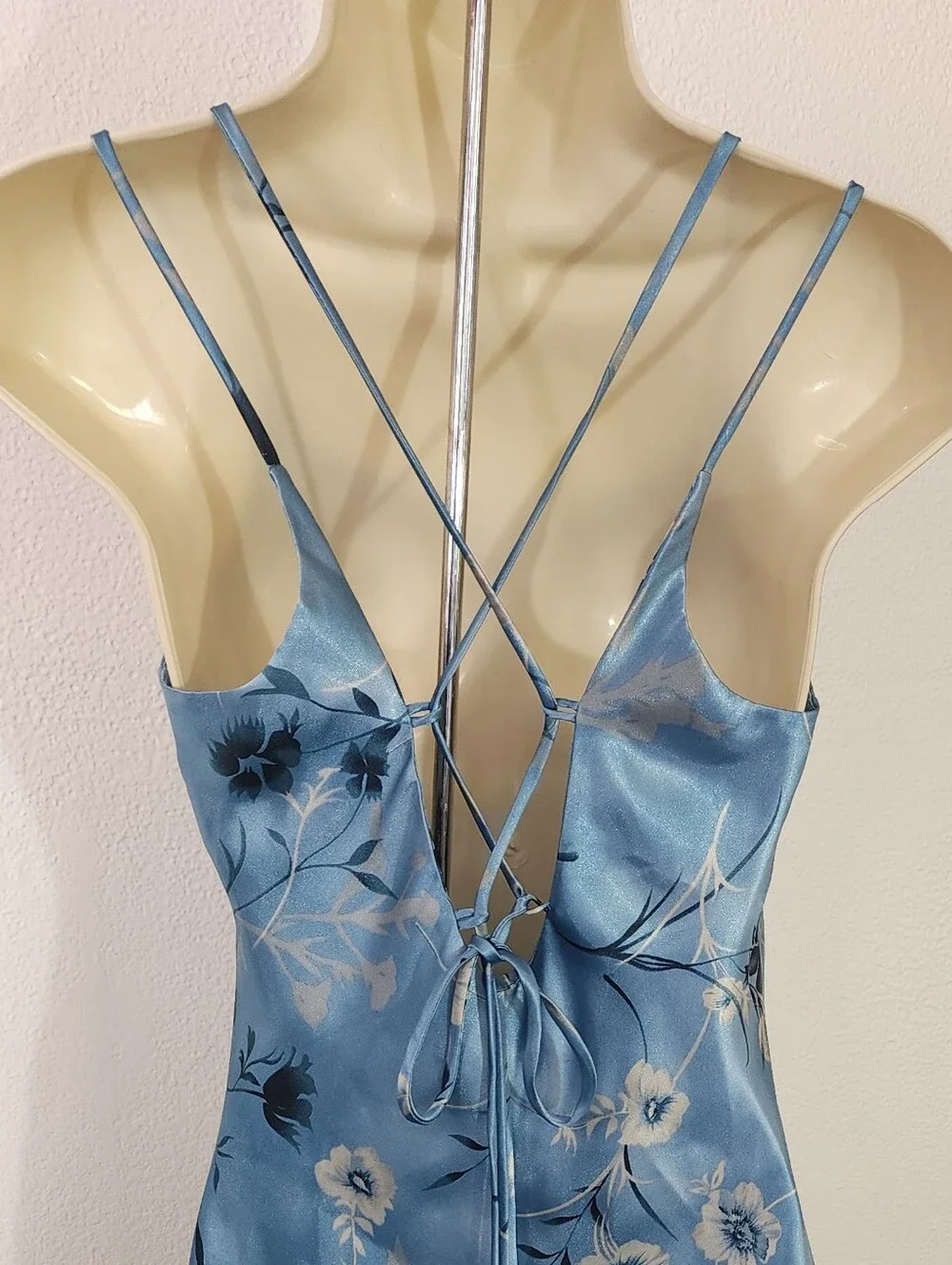 Slip Dress Corset Back Floral Satin with Lace-Up Back Blue Size S - Picture 7 of 7